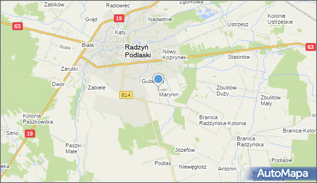 mapa Marynin, Marynin gmina Radzyń Podlaski na mapie Targeo